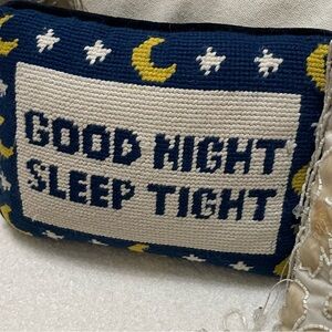 Blue and Yellow 'Good Night Sleep Tight' cross stitched / hooked  Pillow
